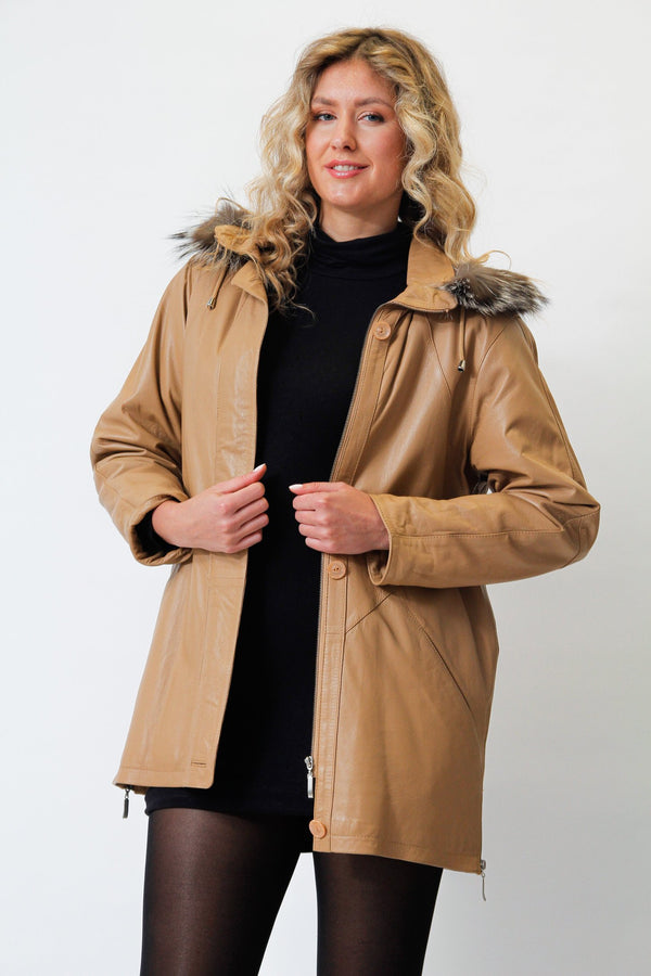 Wattierter Leder Damen Parka mit Kapuze, Lammnappa cognac und Silberfuchs