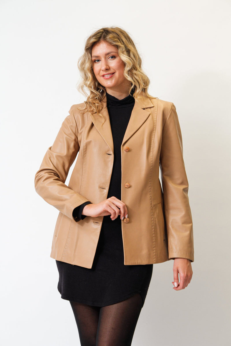 Damen Leder Blazer aus super Lammnappa in honig zum knöpfen