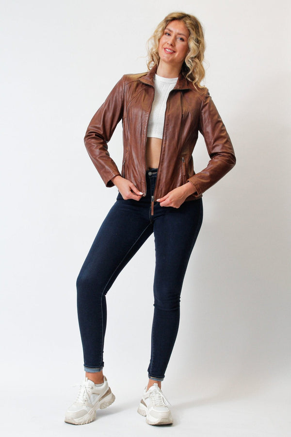 Kurze taillierte Damen Lederjacke in Lammnappa washed cognac ohne Wattierung