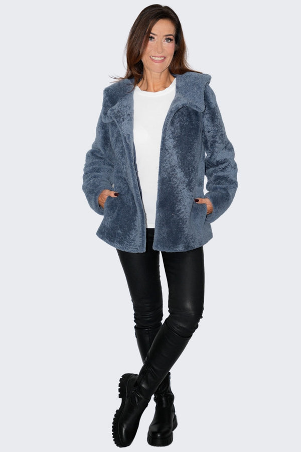 Damen Lammfelljacke Po bedeckt mit Kapuze in blau