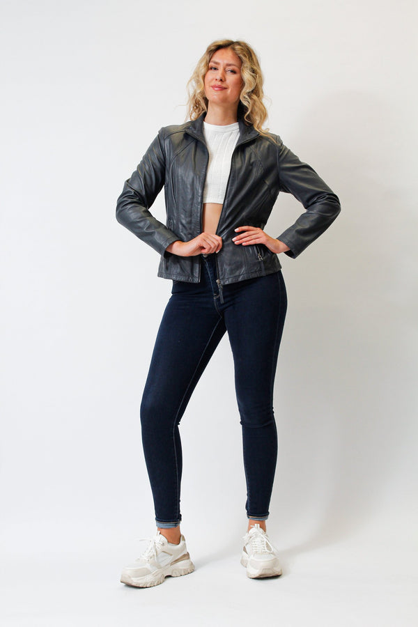 Kurze taillierte Damen Lederjacke in Lammnappa Navy Blue ohne Wattierung