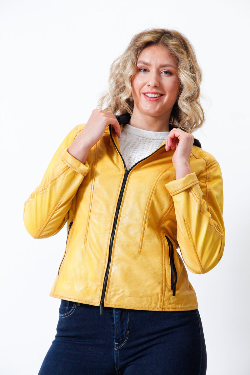 Kurze Damen Bikerstyle Lederjacke aus Lammnappa in Gelb vintage Look