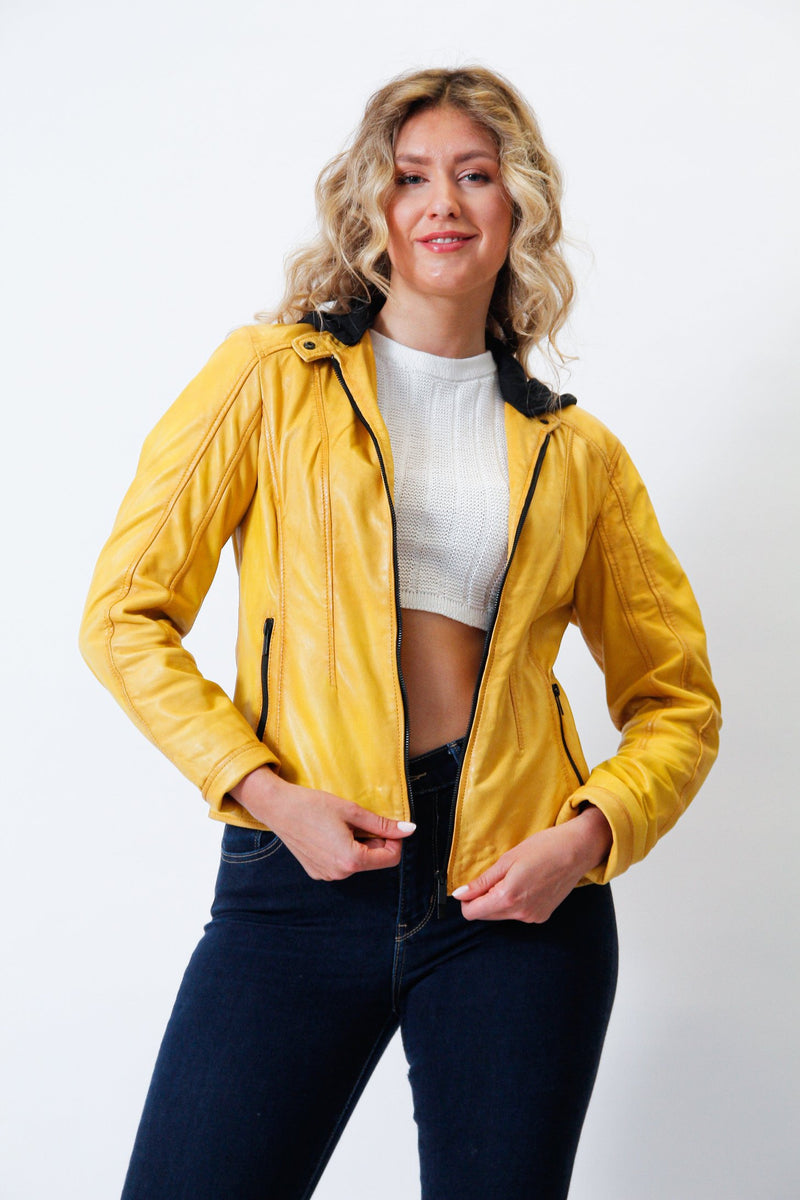 Kurze Damen Bikerstyle Lederjacke aus Lammnappa in Gelb vintage look