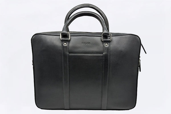 Schwarze, moderne Laptoptasche aus Rindleder mit Griffe und Trageriemen  