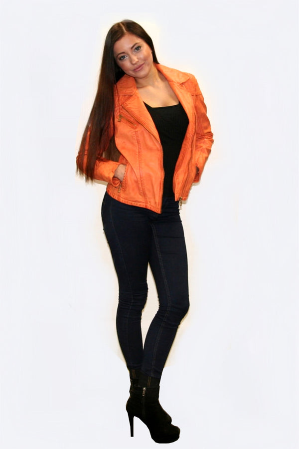 Kurze orange Damen Lederjacke Lammnappa im Bikerlook mit Vintage Look