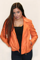 Kurze orange Damen Lederjacke Lammnappa im Bikerlook mit Vintage Look