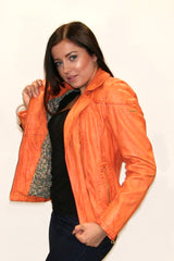 Kurze orange Damen Lederjacke Lammnappa im Bikerlook mit Vintage Look