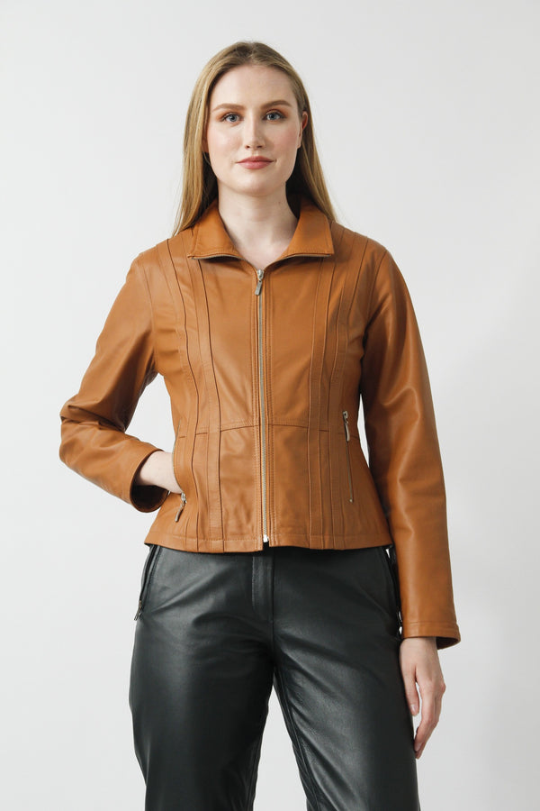 Kurze taillierte Damen Lederjacke in Lammnappa cognac mit Frontreißverschluss 