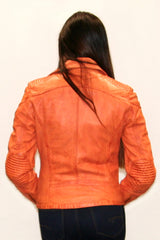 Kurze orange Damen Lederjacke Lammnappa im Bikerlook mit Vintage Look