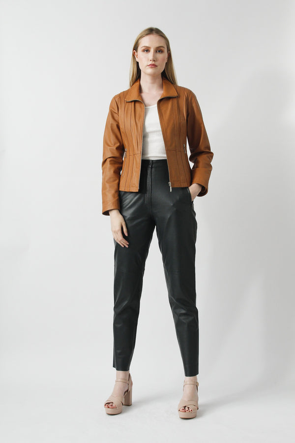 Kurze taillierte Damen Lederjacke in Lammnappa cognac mit Frontreißverschluss