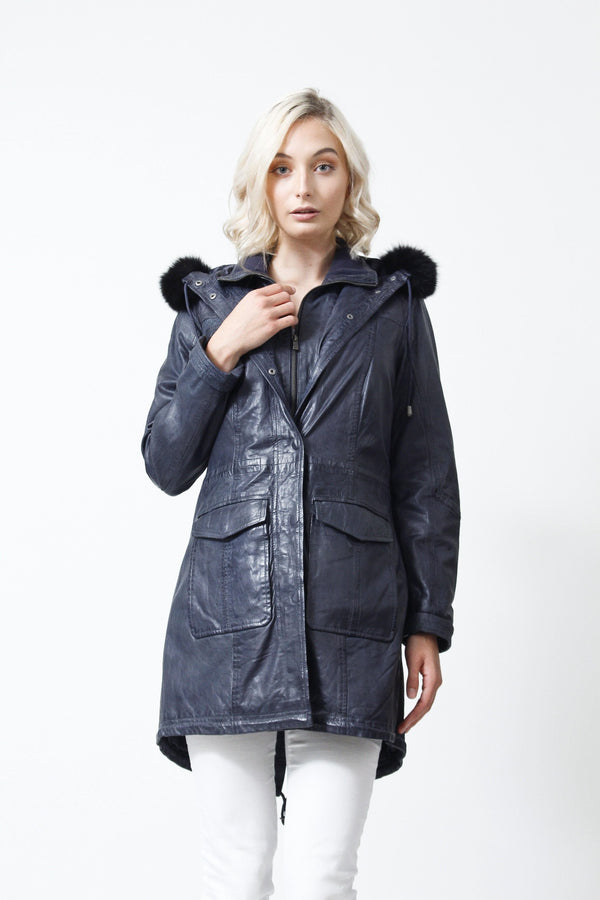 Damen Lederparka aus Lammnappa Blau vintage mit Kapuze und Blaufuchsstreifen