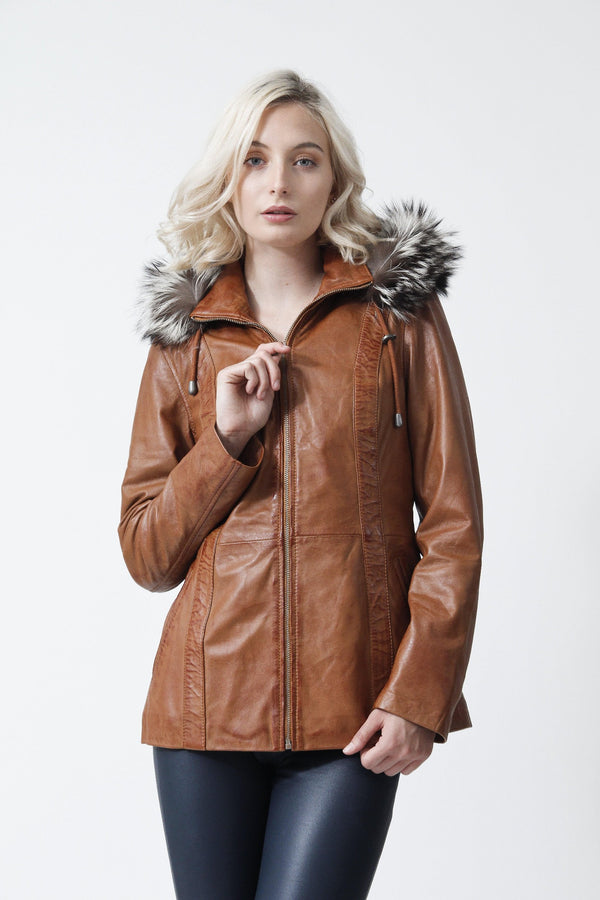 Damen Lederparka aus Lammnappa cognac abnehmbarer Kapuze und Pelzrand