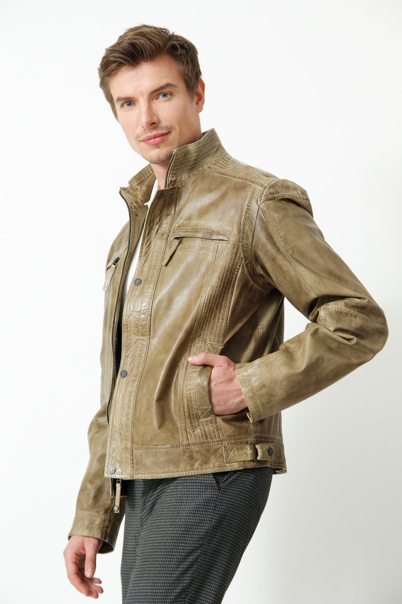 Kurze Herren Lederjacke aus Lammnappa in Khaki mit Stehkragen