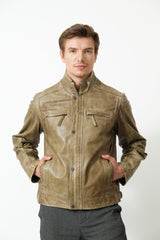 Kurze Herren Lederjacke aus Lammnappa in Khaki mit Brusttaschen