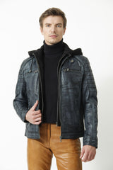 Coole Biker Jacke mit Kapuze Bikerstiyle in Vintagelook Lammnappa Blau