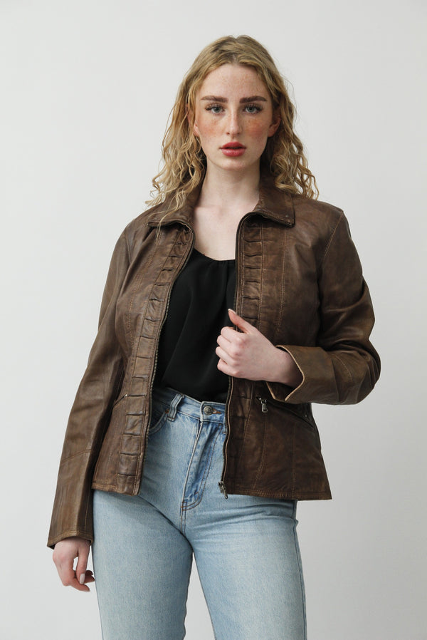 Kurze Damen Lederjacke in Teakwood Braun vintage Look aus Lammnappa