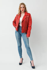 Damen Biker Lederjacke Rot Lammnappa mit Steppnähte und viele Zipper