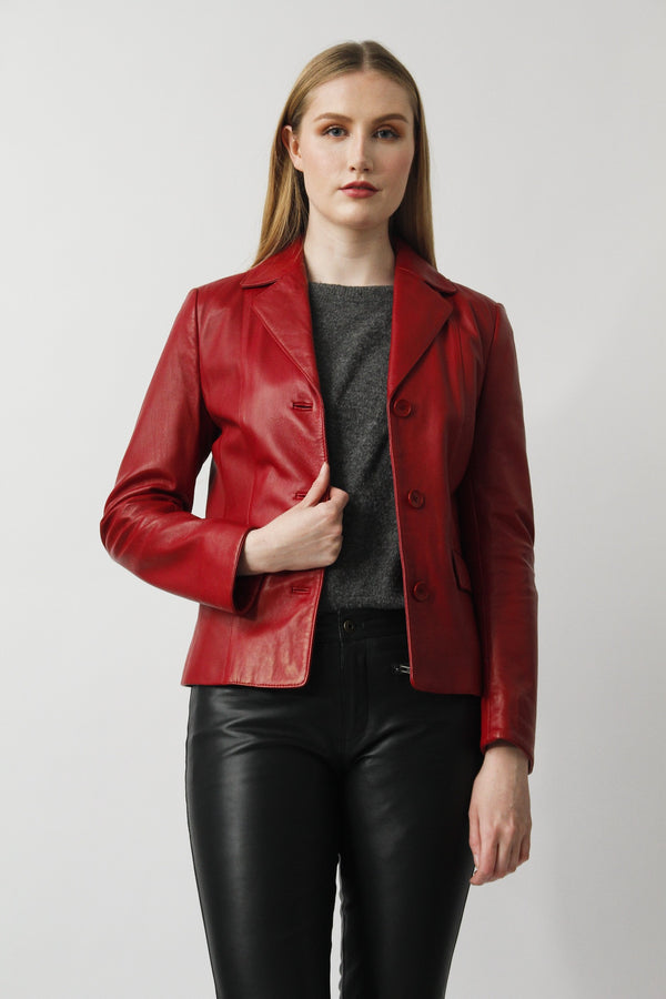 Kurze Damen Blazer Lederjacke in Rot aus Lammnappa