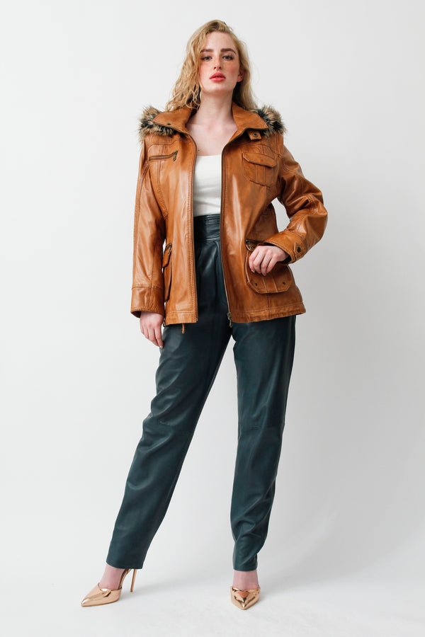 Damen Parka mit Kapuze in Lammnappa cognac vintage und Fellimitat