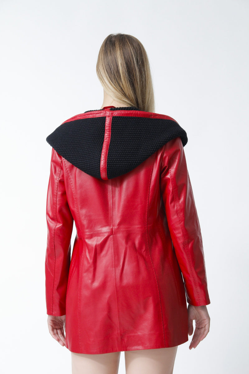 Damen Lederjacke tailliert in Lammnappa Rot/schwarz mit Strickkapuze