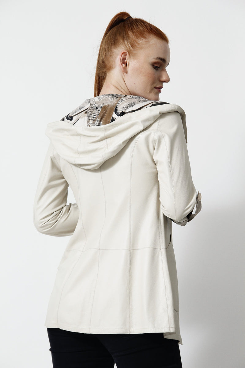 Damen Kapuzenjacke in Ziege Napato  zum wenden beige mit Printmuster 