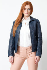 Kurze sportliche Lederjacke aus Lammnappa in Navy Blue tailiert