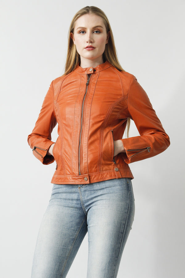 Kurze Biker Damen Lederjacke in Lammnappa orange