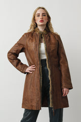 lange Damen Lederjacke aus Lammnappa in Vintage Look Braun