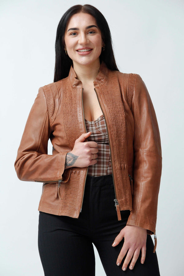 Kurze Damen Lederjacke aus Lammnappa mit Stehkragen in cognac