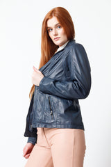 Taillierte Damen Lederjacke mit Reißverschluss in Lammnappa Navy Blue ungefüttert