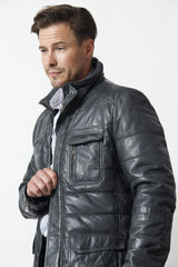 Langer Herren Lederparka aus Lammnappa wattiert in anthrazit vintage Look