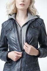 Damen Bikerjacke im Jeans Washedlook Lammnappa Sky Blue mit Kapuze