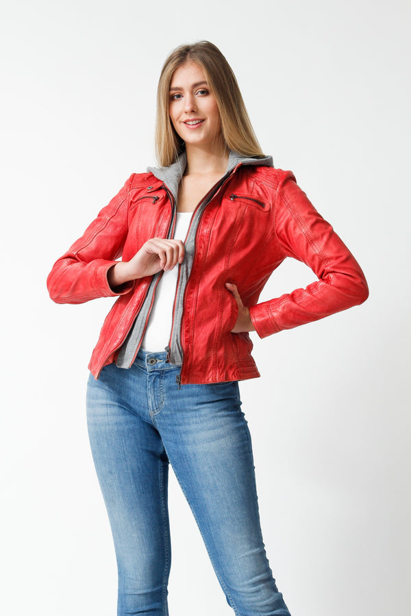 Damen Bikerstyle Lederjacke, Lammnappa rot washed Look mit Stoffkapuze abtrennbar