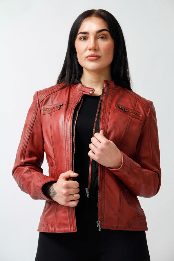 Damen Bikerstyle Lederjacke, Lammnappa red tailliert vintage Look mit Stoffkapuze