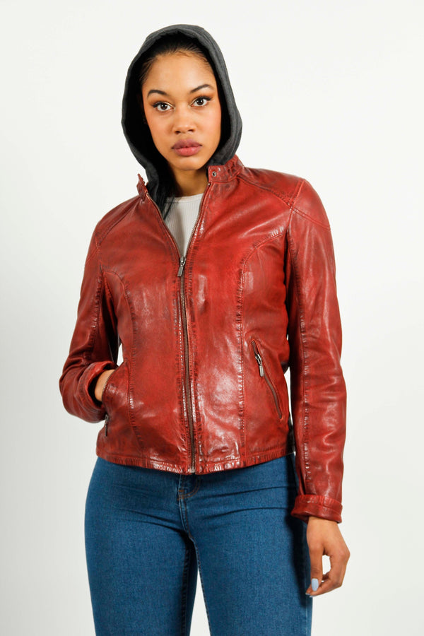 Kurze Bikerstyle Damenlederjacke in Rot vintage  Lammnappa mit abnehmbare Kapuze