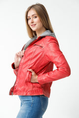 Damen Bikerstyle Lederjacke, Lammnappa rot tailliert washed Look mit Stoffkapuze