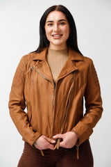 Kurze Damen Biker Nubuk Lederjacke tailliert in Cognac