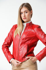 Kurze Damen Bikerstyle Lederjacke aus Lammnappa in Rot mit Stehkragen