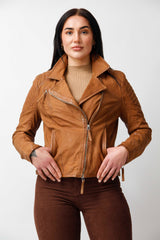 Kurze Damen Nubuk Lederjacke im Biker Style tailliert in Cognac