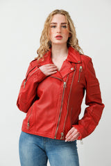 Damen Biker Lederjacke Rot Lammnappa mit Steppnähte und viele Zipper