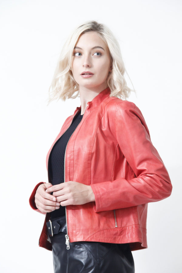 Kurze Damen Lederjacke mit Stehkragen Lammnappa rot, Leder Schmidt Online 