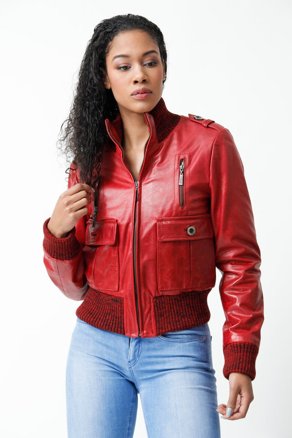 Kurzes Damen Lederjacken Blouson Lammnappa rot vintage Look mit Stoffbündchen