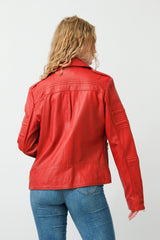 Damen Biker Lederjacke Rot Lammnappa mit Steppnähte und viele Zipper