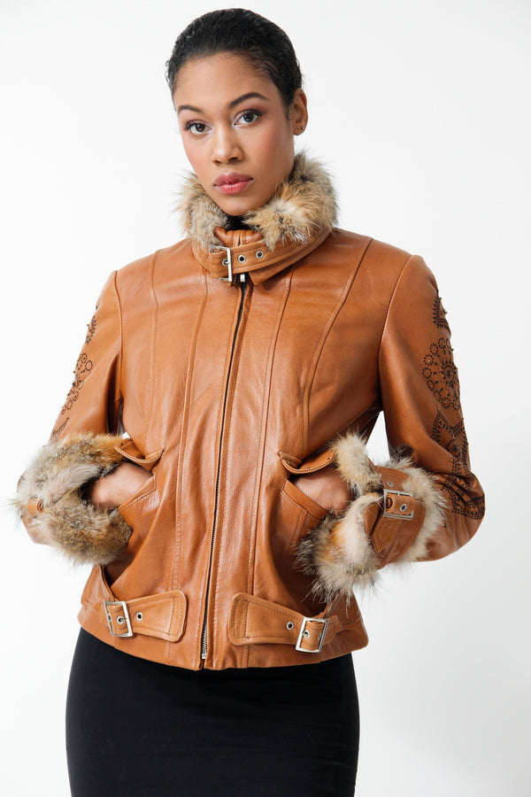 Damen Kurz Lederjacke Lammnappa cognac mit  Lasercut Muste und fuchsverbrämungen