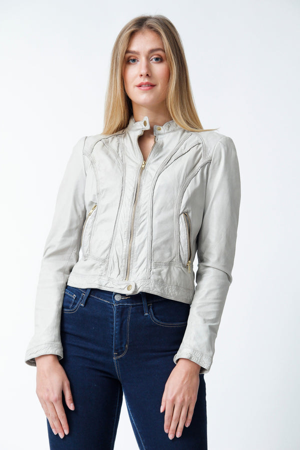 Kurze Bikerstyle Damen Lederjacke aus Lammnappa ivory tailliert mit Stehkragen