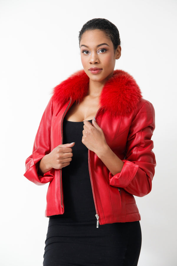 Kurze Damen Lederjacke tailliert aus Lammnappa Rot mit Blaufuchskragen abnehmbar