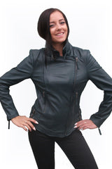 Kurze Damen Biker Style Lederjacke aus echtem Lammnappa in Petrol