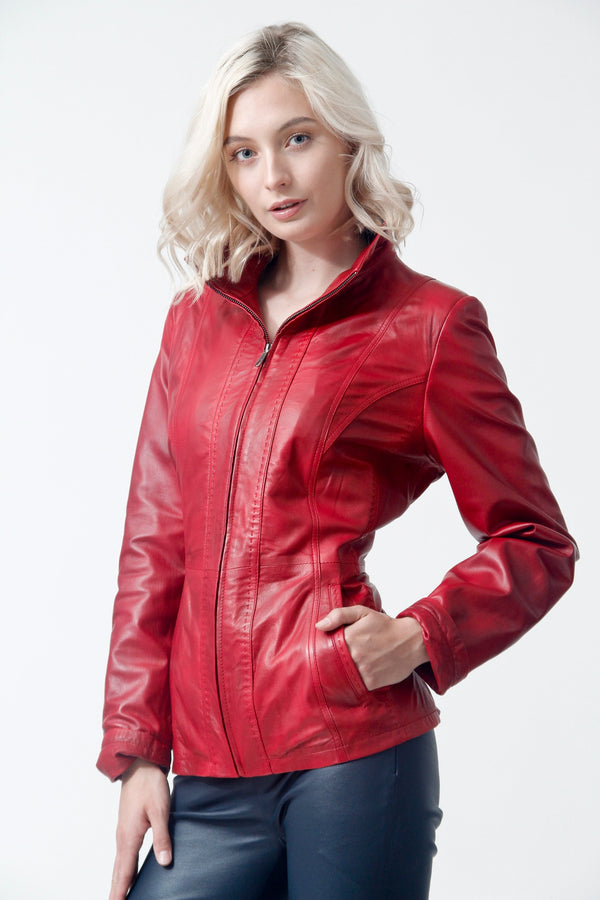 Kurze leichte Damen Lederjacke aus Lammnappa rot tailliert