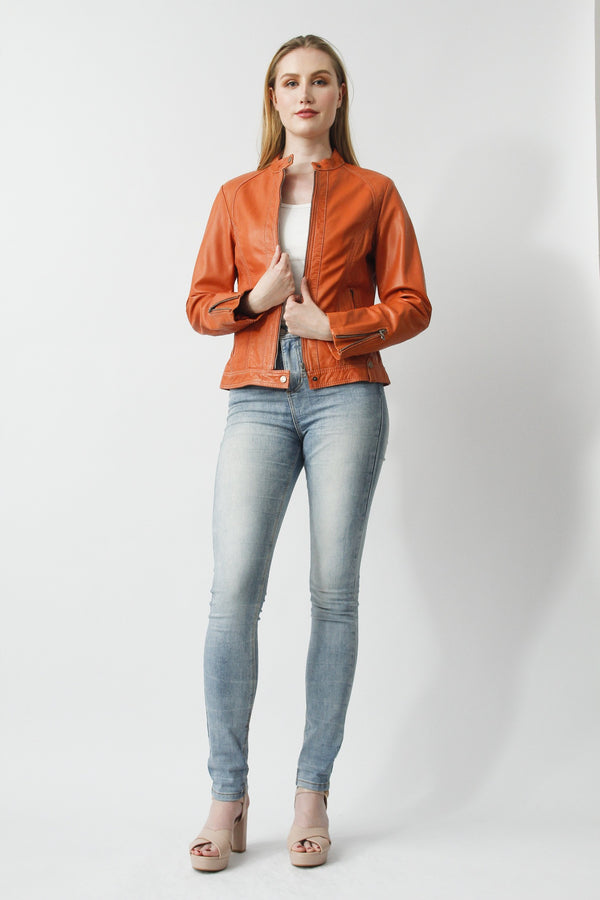 Leichte Biker Damen Lederjacke  Lammnappa orange mit Stehkragen und tailliert