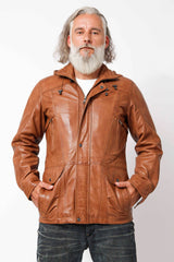 Herren Lederparka in Cognac Vintage Look  Lammnappa mit abnehmbare Kapuze